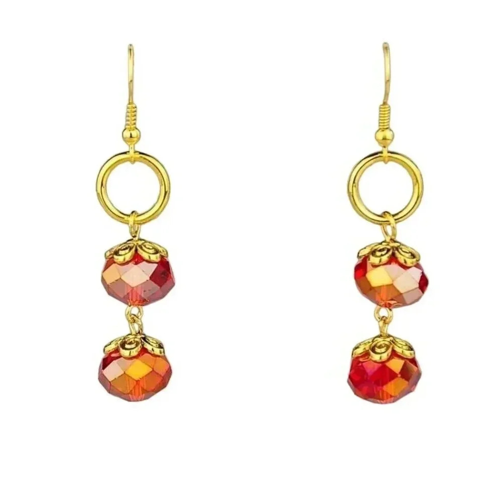Handcrafted Edgy Faceted Red Crystal Rondelles Gold Plated Dangle Earrings